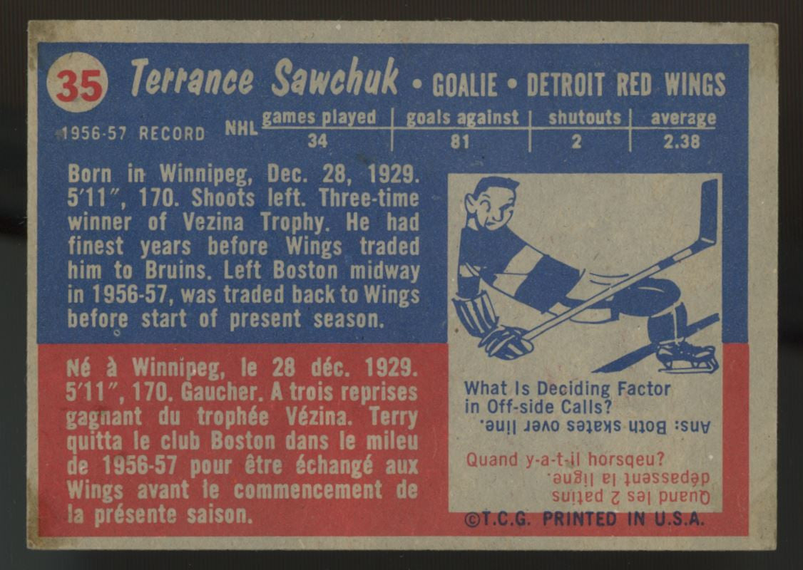 1957-58 Topps Terry Sawchuk #35 VG/EX (Back)