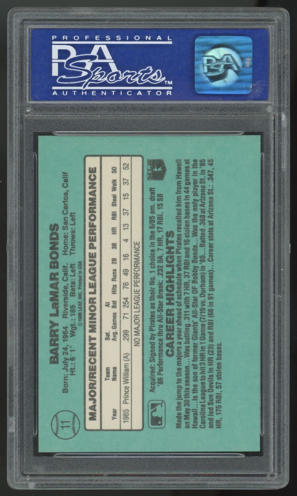 1986 Donruss Rookies Barry Bonds RC #11 PSA 8 *550