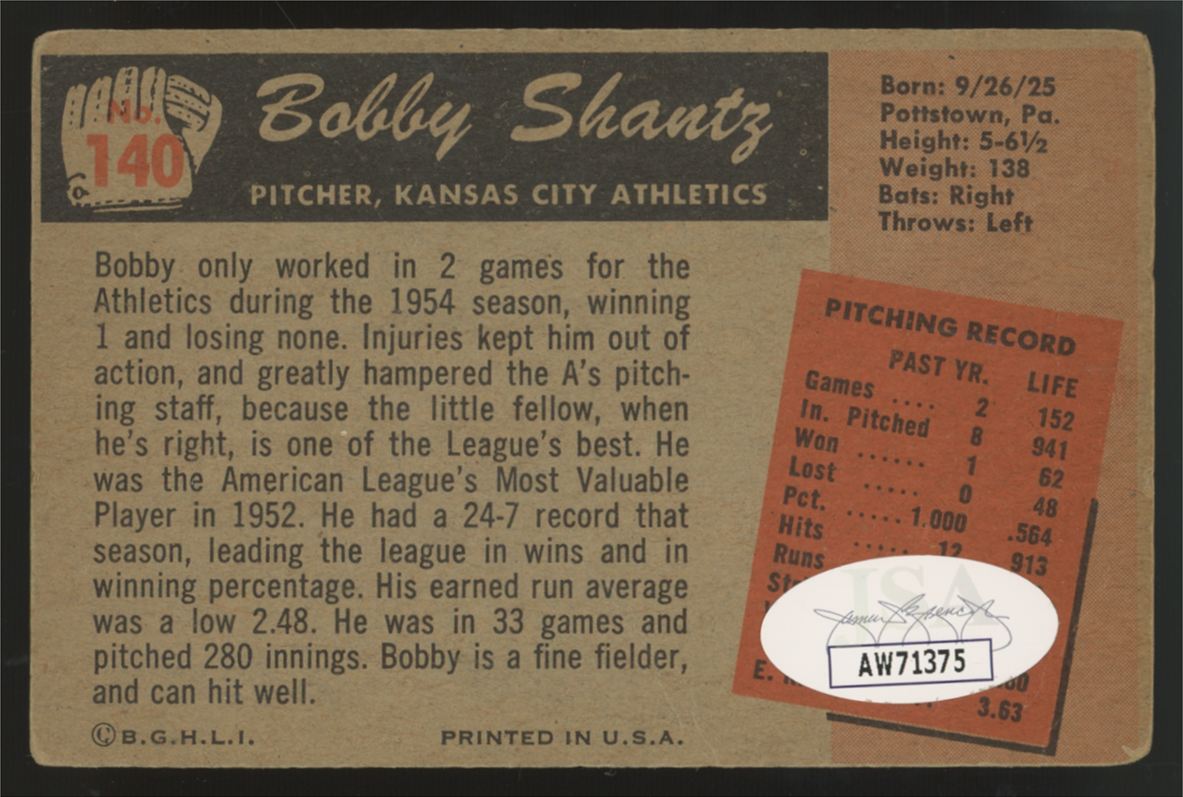 1955 Bowman Bob Shantz Signed IP Auto #140 JSA Authentic