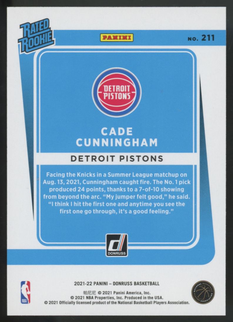2021-22 Donruss Cade Cunningham RC Rated Rookie Orange Holo Laser #211