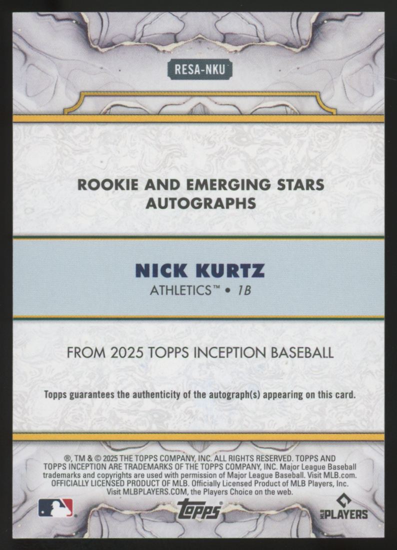 2025 Topps Inception Nick Kurtz RC Purple Rookie & Emerging Stars Auto /199