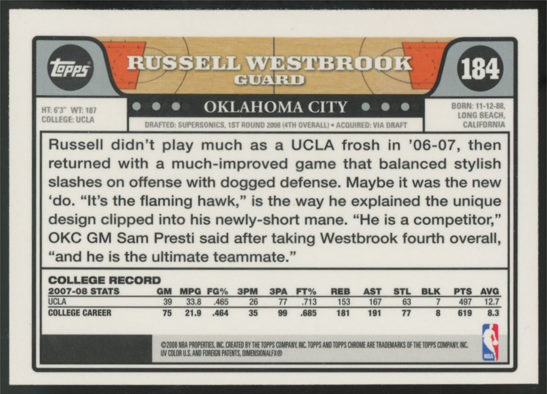 2008-09 Topps Chrome Russell Westbrook RC #184 "A"