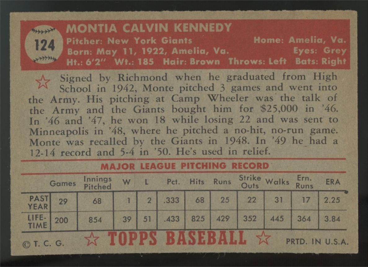 1952 Topps Monte Kennedy #124 EX "A"