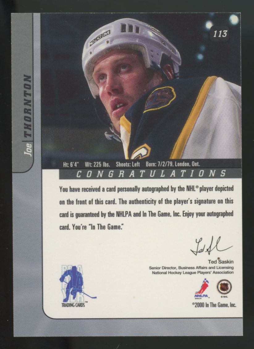 2000-01 ITG Be A Player Joe Thornton Signature Series Auto #113