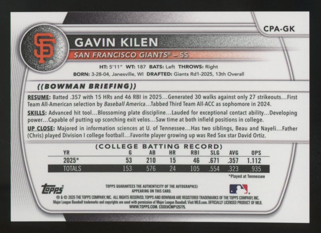2025 Bowman Draft Gavin Kilen 1st Chrome Prospect Auto #CPA-GK