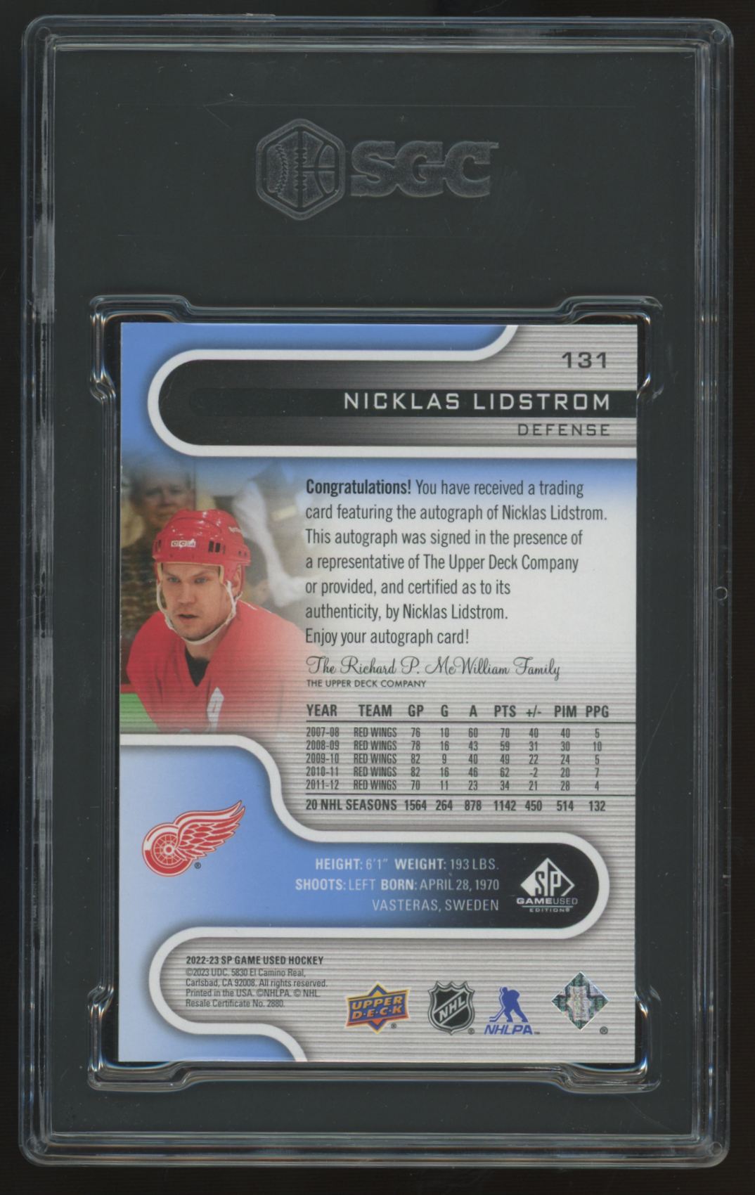2022-23 UD SP Game Used Nicklas Lidstrom Blue Legend Auto #131 SGC 9 10