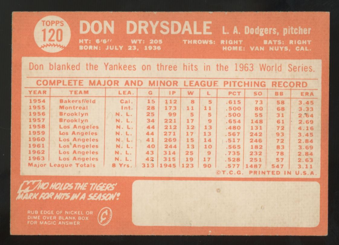 1964 Topps Don Drysdale #120 EX "A"