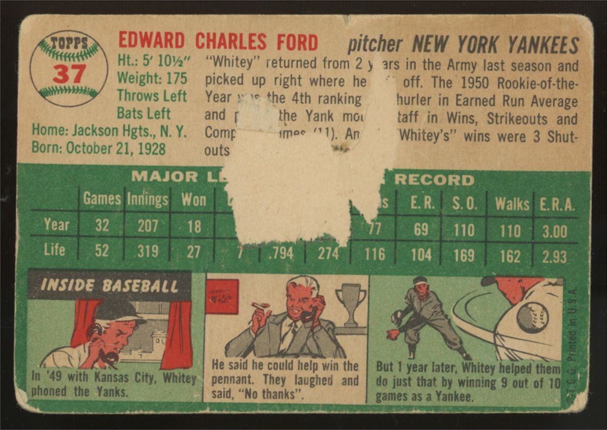 1954 Topps Whitey Ford #37 Poor (Back)