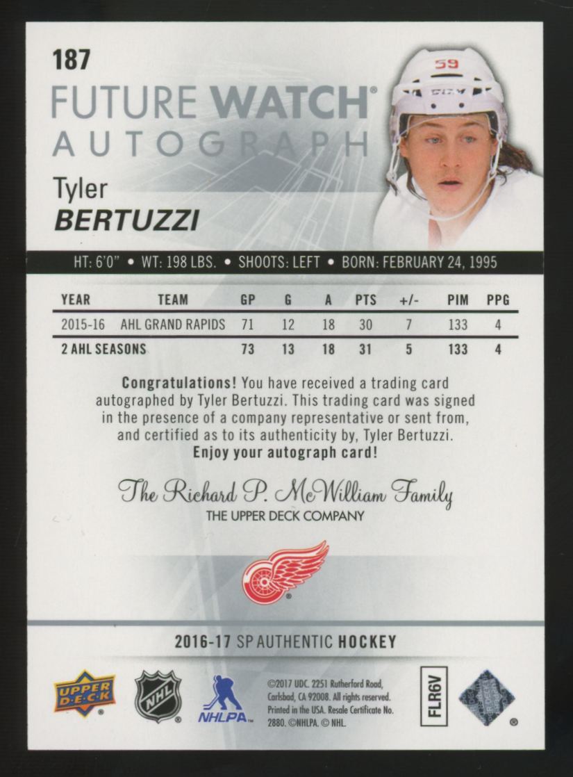 2016-17 Upper Deck SP Authentic Tyler Bertuzzi RC Future Watch Auto /999 #187
