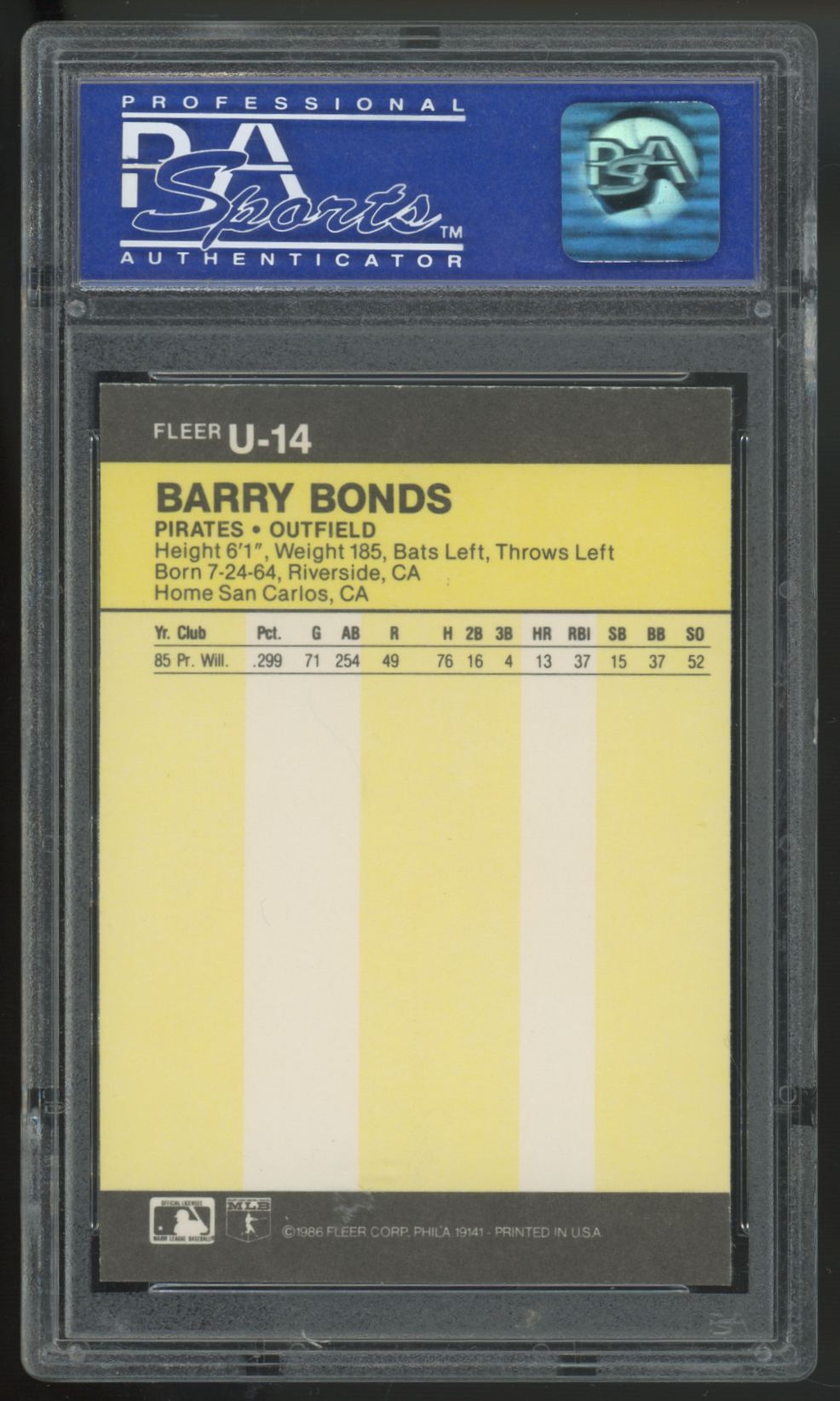 1986 Fleer Update Barry Bonds RC #U-14 PSA 8 *079