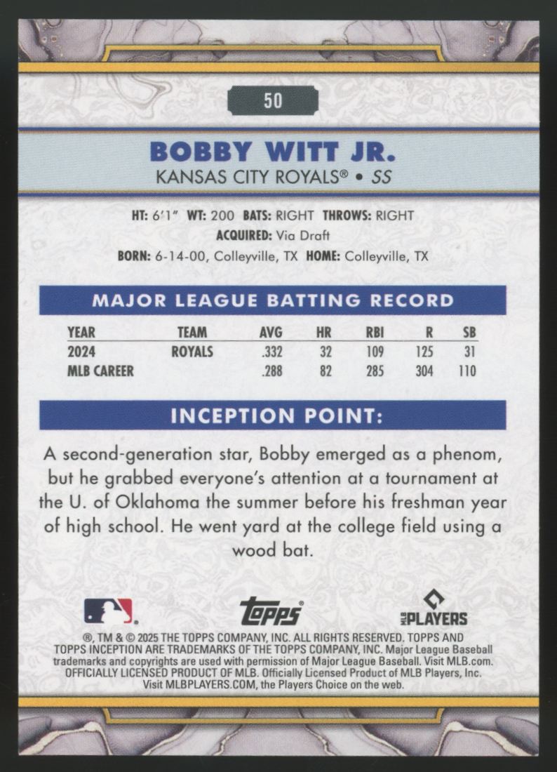 2025 Topps Inception Bobby Witt Jr. Red /99 #50