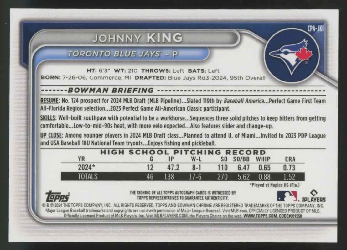 2024 Bowman Chrome Johnny King 1st Prospect Auto #CPA-JKI
