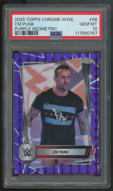 2025 Topps Chrome WWE CM Punk Purple Geometric Refractor /10 #98 PSA 10