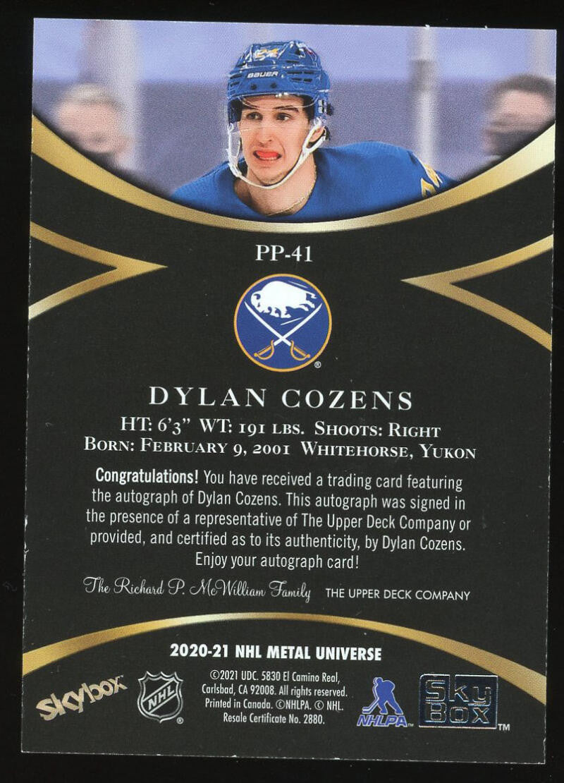 2020-21 Skybox Metal Universe Dylan Cozens Prospects Auto #PP-41
