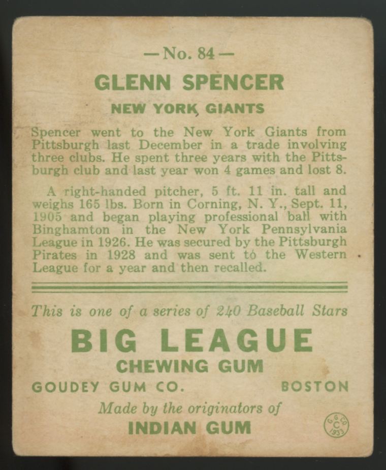 1933 Goudey Glenn Spencer #84 VG