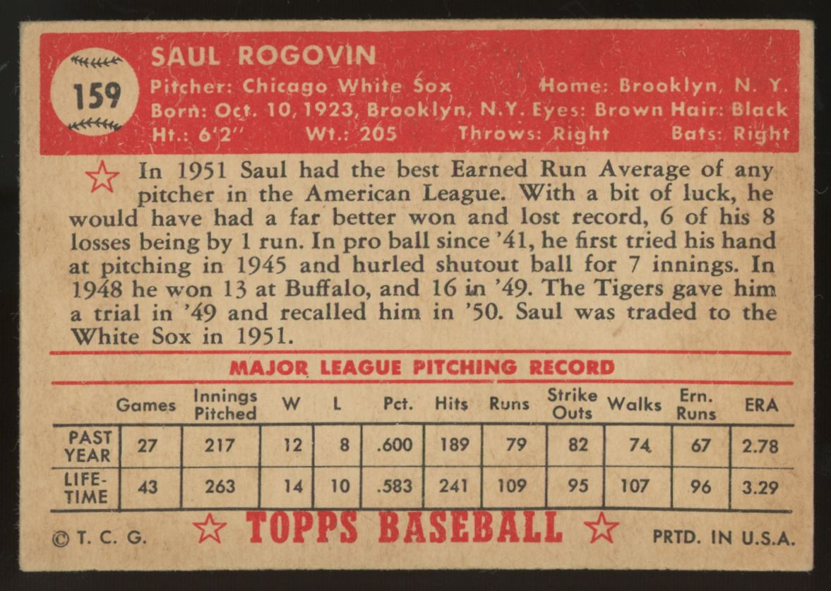 1952 Topps Saul Rogovin #159 VG/EX