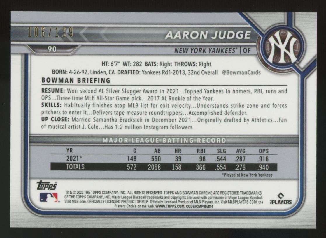 2022 Bowman Chrome Aaron Judge Aqua Raywave /199 #90 *Print Line*