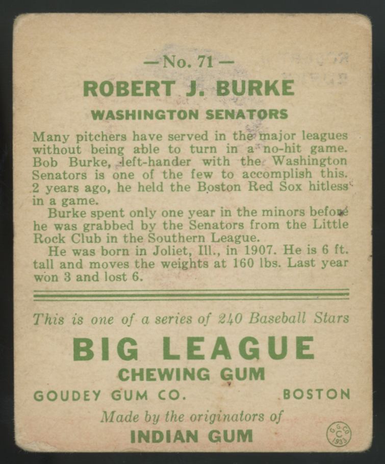 1933 Goudey Robert Burke Big League Gum #71 G/VG
