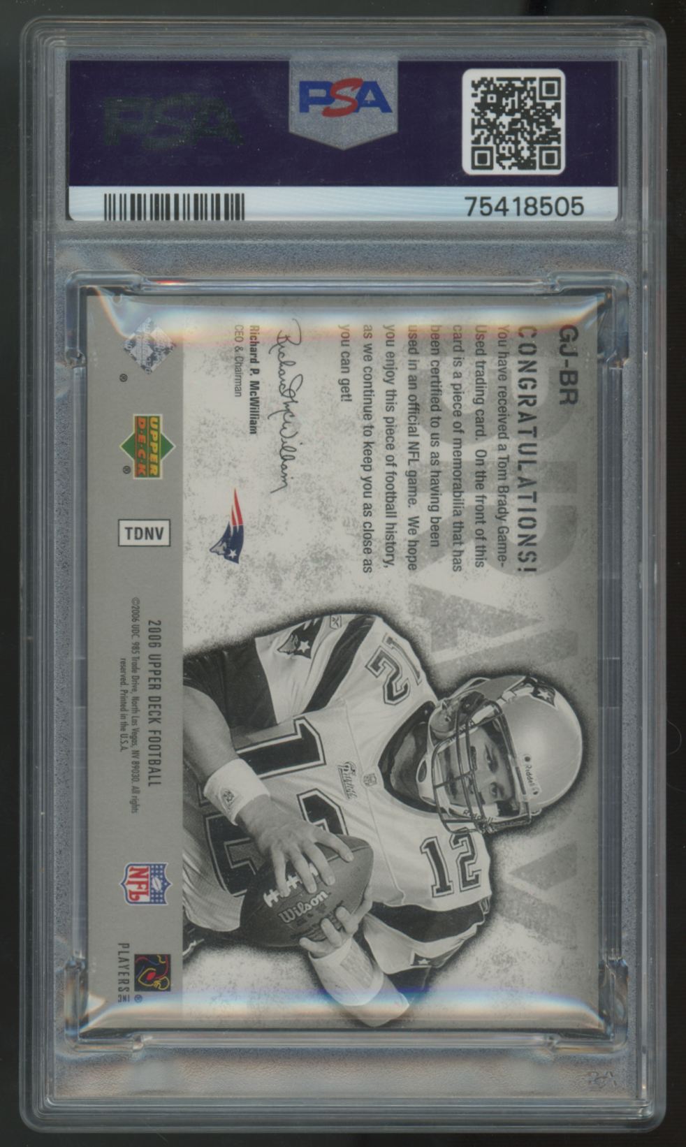 2006 Upper Deck Tom Brady Game Jersey Patch #GJ-BR PSA 7