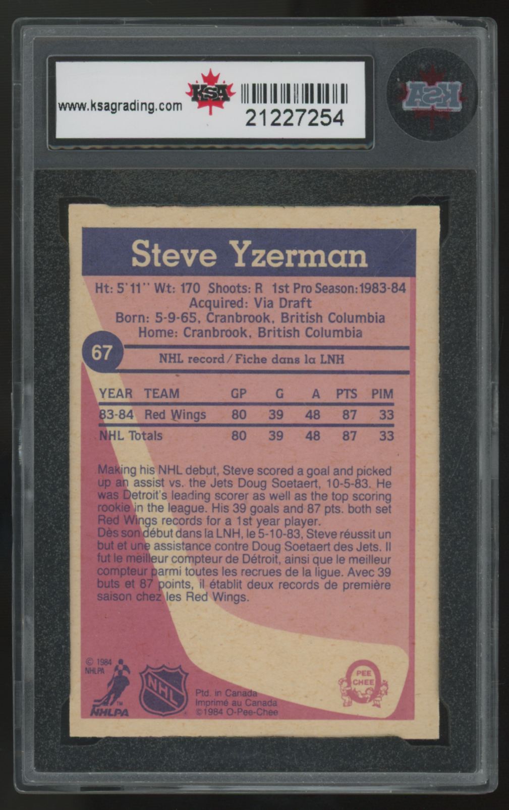 1984-85 O-Pee-Chee Steve Yzerman RC #67 KSA 7