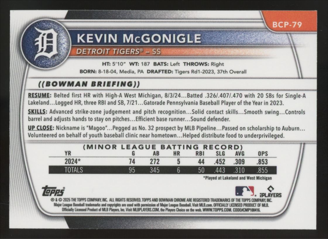 2025 Bowman Kevin McGonigle 1st Chrome Prospect Lava Refractor /399 #BCP-79