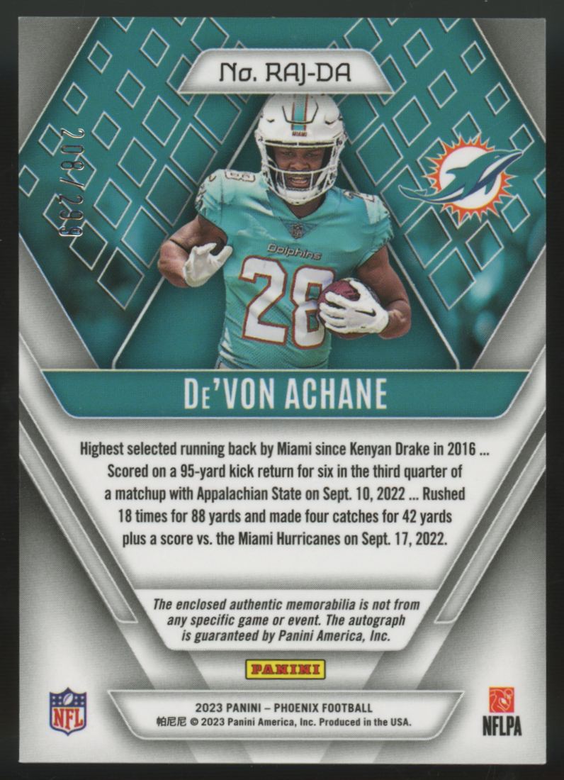 2023 Panini Phoenix De'Von Achane RC Jersey Auto RPA /299 #RAJ-DA