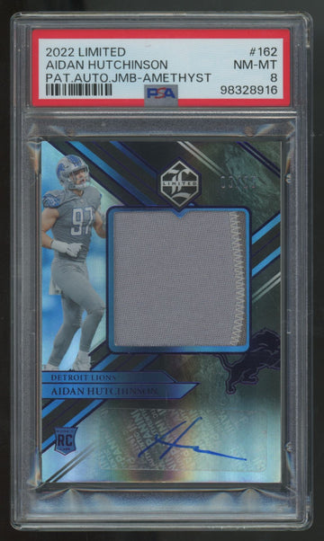 2022 Panini Limited Aidan Hutchinson RC Patch Auto RPA Amethyst /25 #162 PSA 8