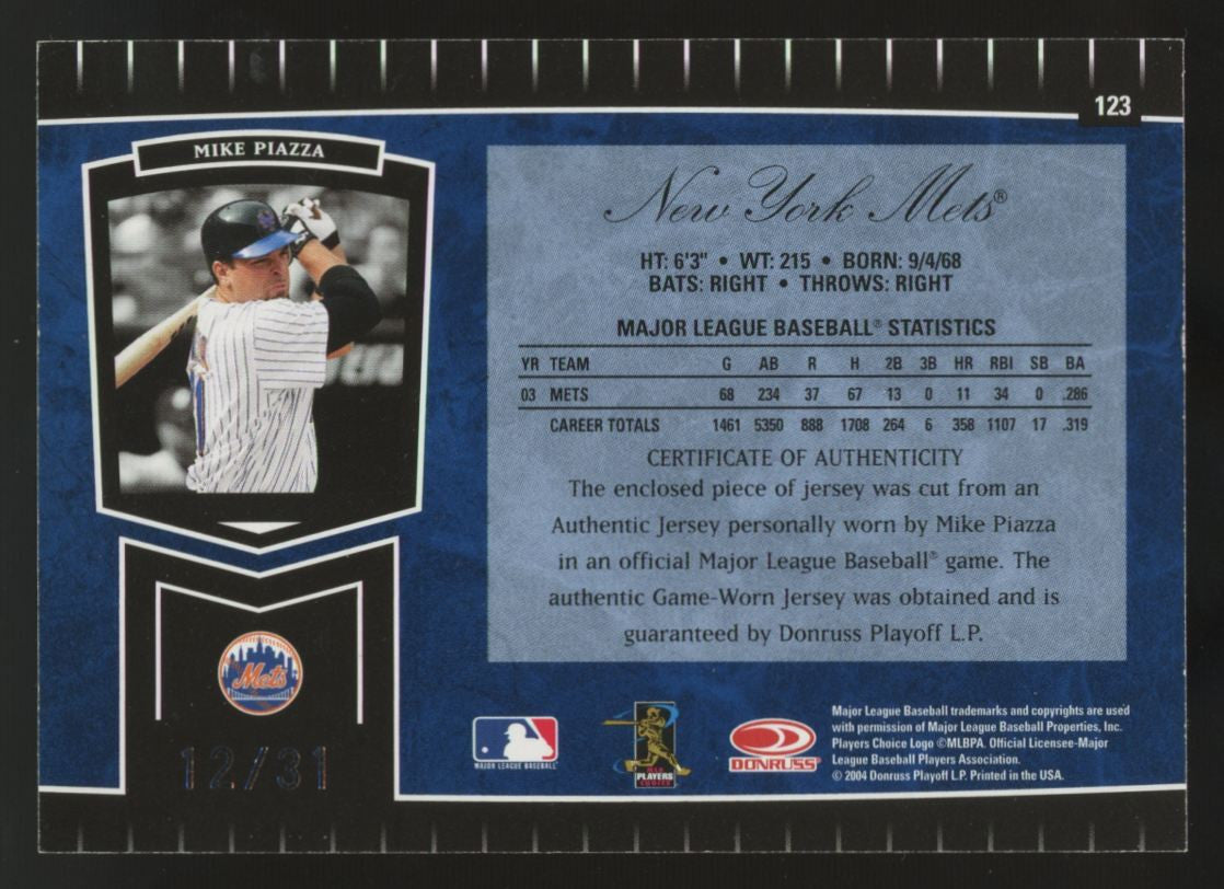 2004 Leaf Certified Cuts Mike Piazza Blue Jersey Number Patch /31 #212 "A"