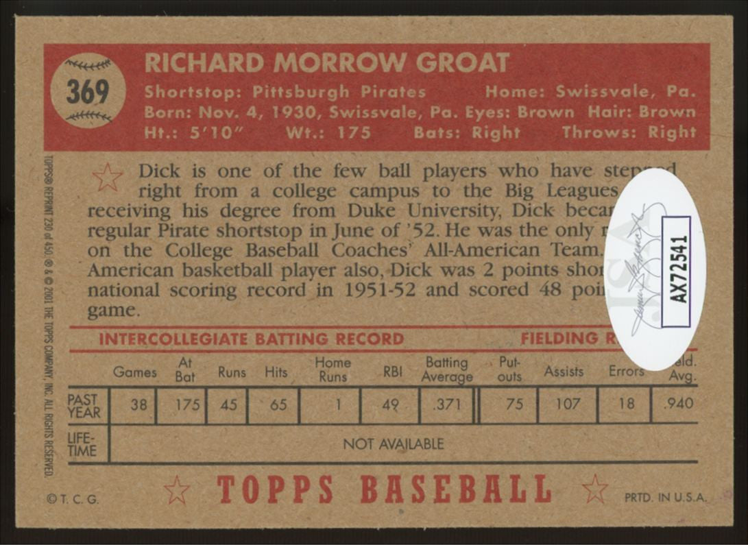 2001 Topps Archives Dick Groat 1966 Reprint #369 Signed Autographed JSA