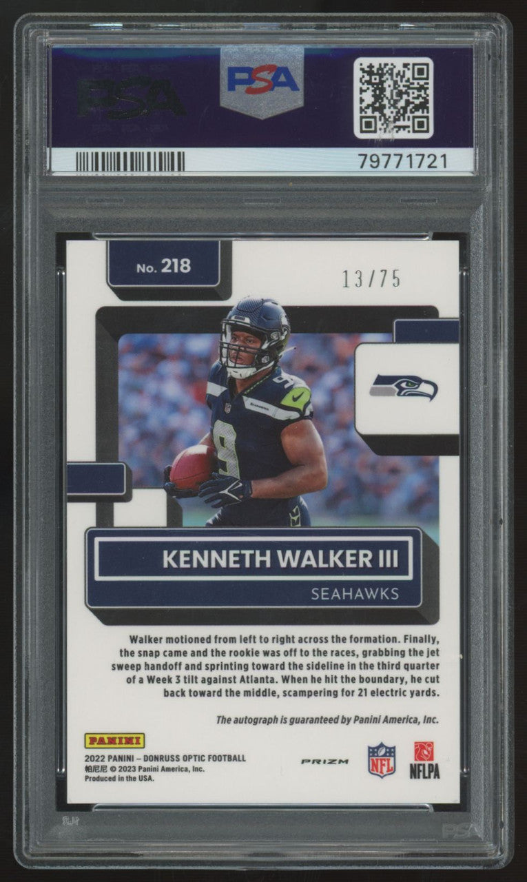 2022 Donruss Optic Kenneth Walker III RC Rated Rookie Red Auto /75 #218 PSA 8