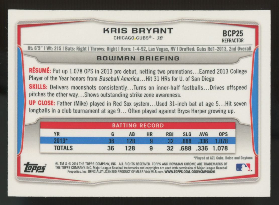 2014 Bowman Chrome Kris Bryant 1st Orange Wave Refractor #BCP25 "A"