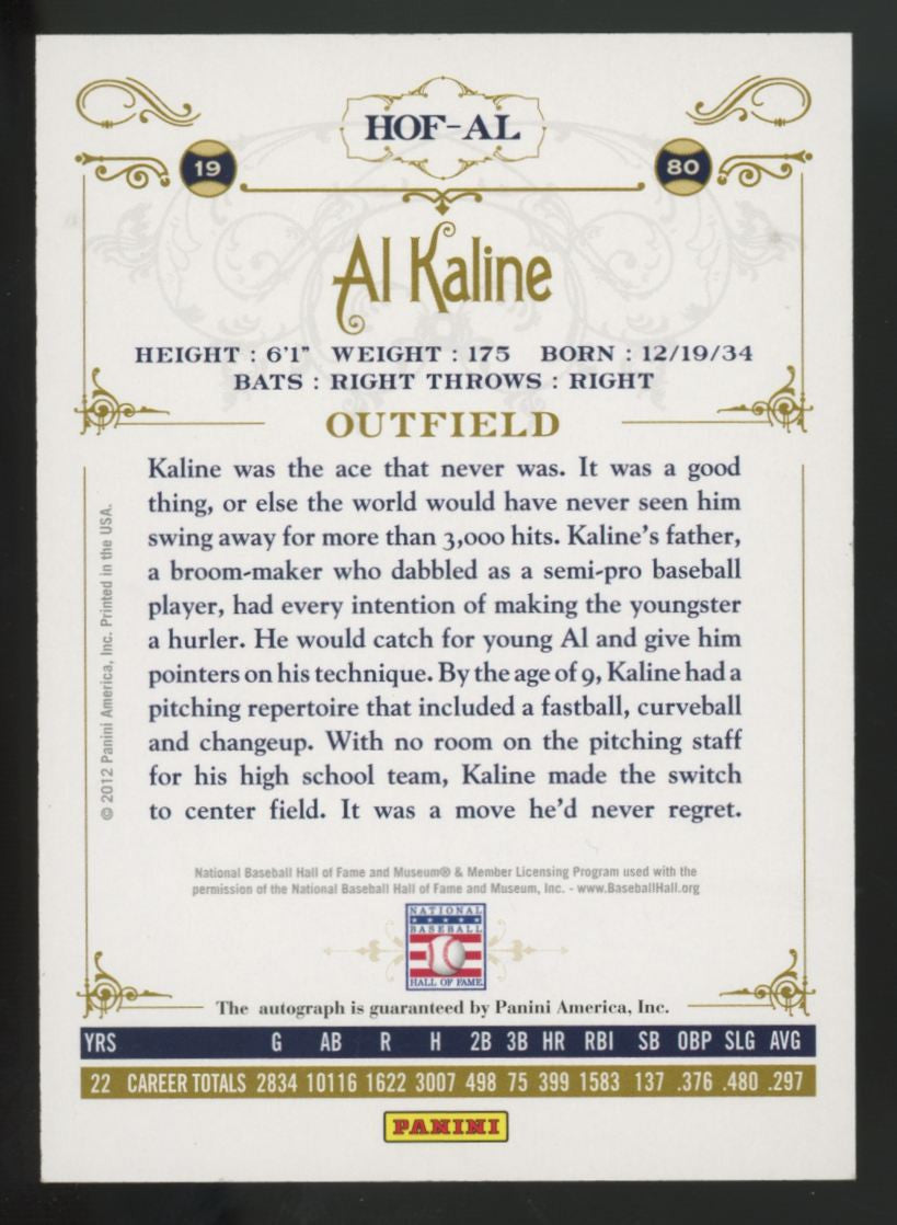 2012 Panini Cooperstown Al Kaline HOF Signatures Auto /349 #HOF-AL
