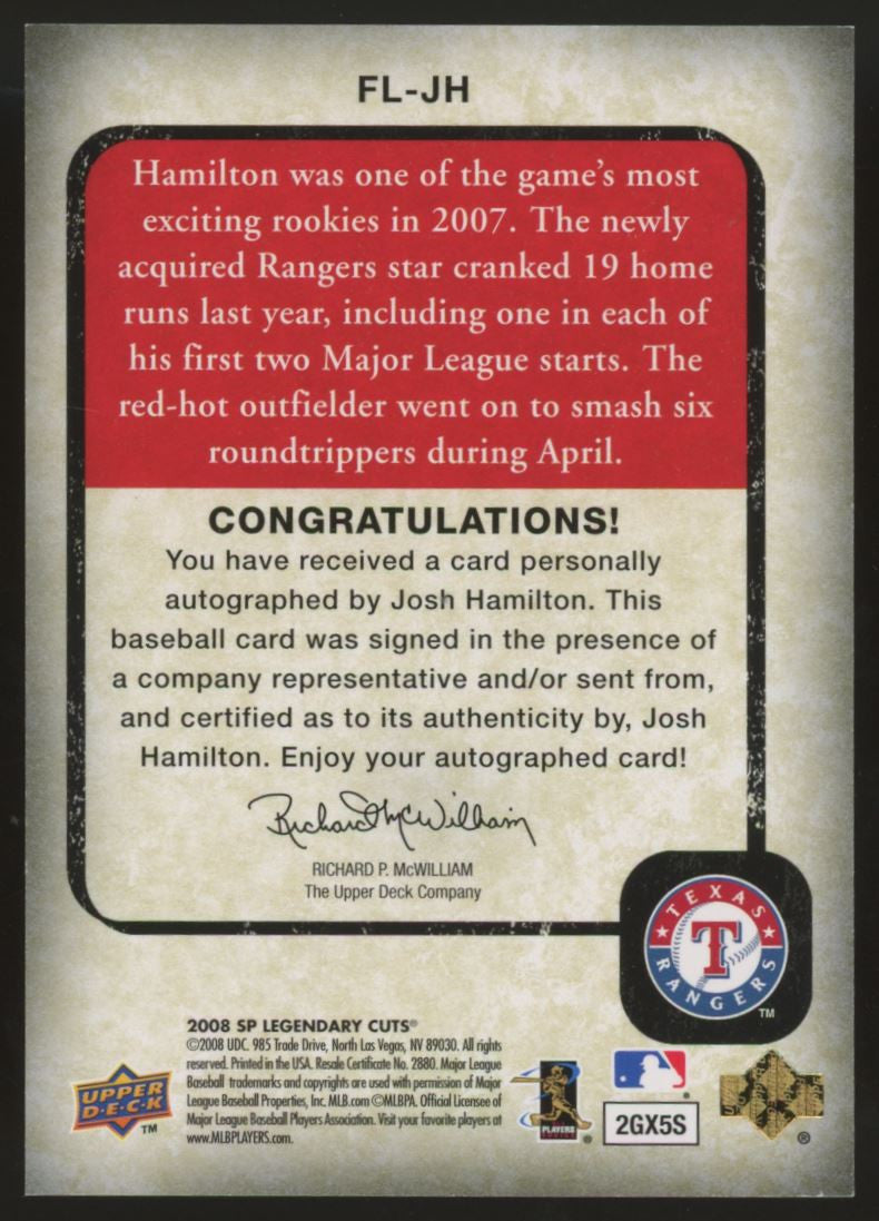2008 SP Legendary Cuts Josh Hamilton Future Legends Auto /99 #FL-JH