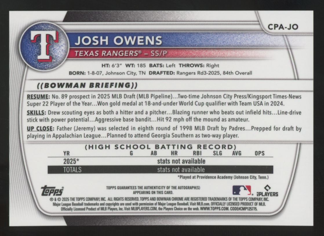 2025 Bowman Draft Josh Owens 1st Chrome Prospect Auto #CPA-JO