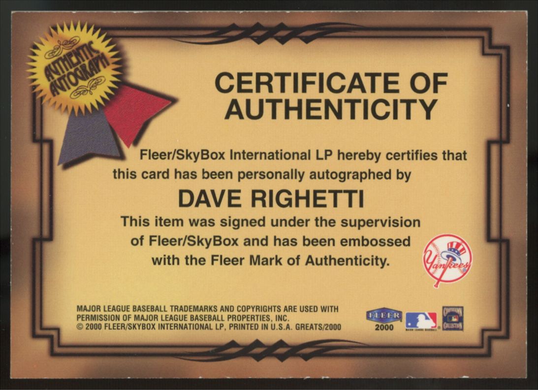 2000 Fleer Greats Of The Game Dave Righetti Auto