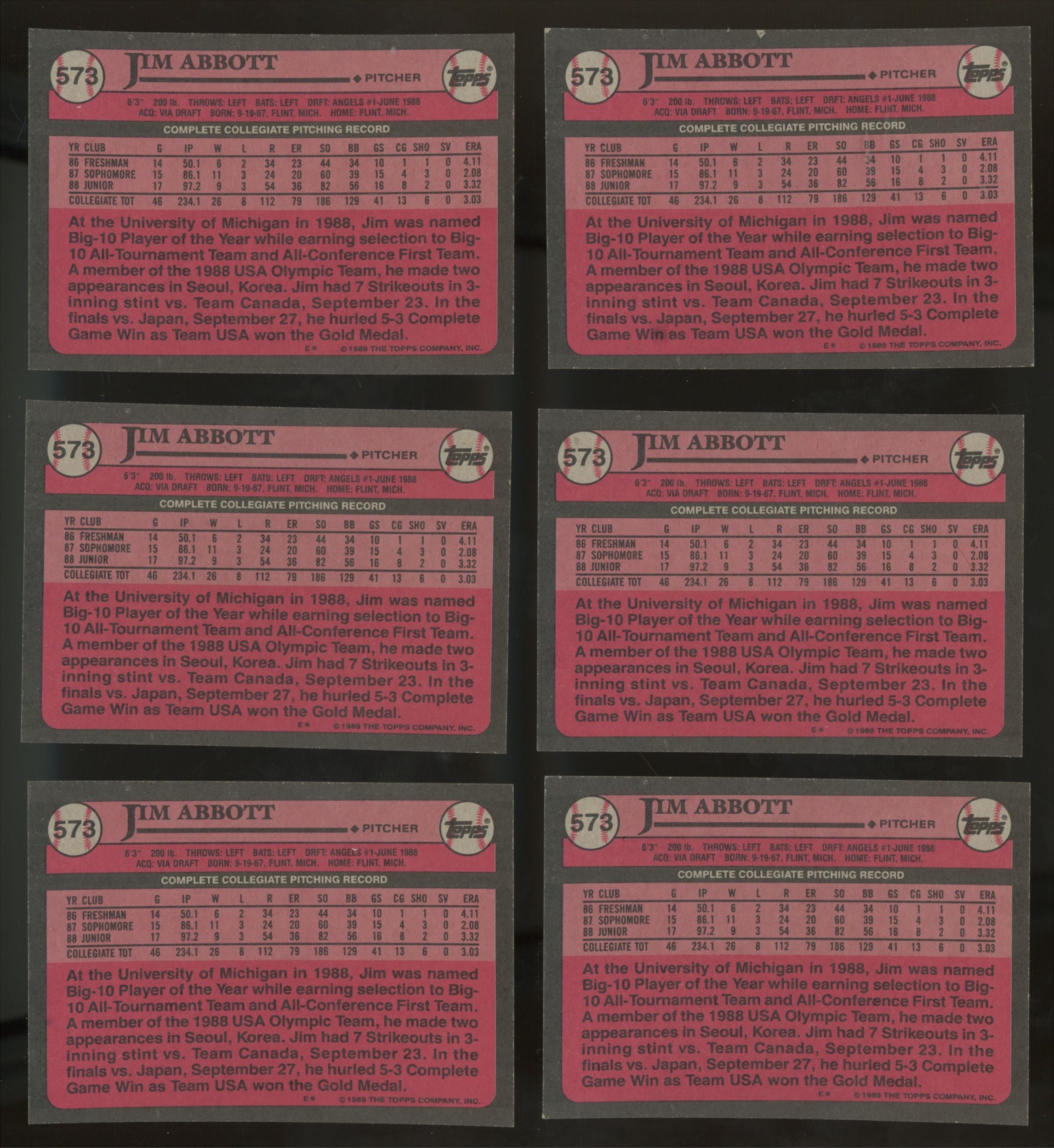 1989 Topps Jim Abbott RC #1 Draft Pick #573 (Lot Of 50) "A"