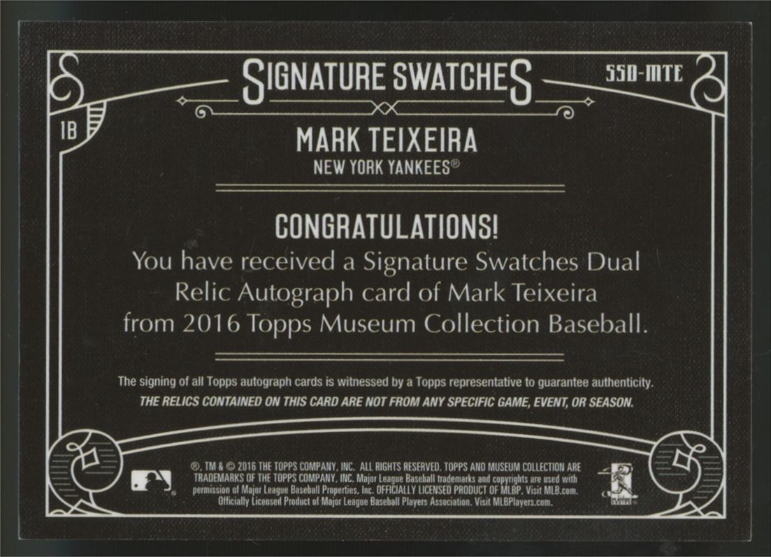 2016 Topps Museum Collection Mark Teixeira Signature Swatches Patch Auto /99