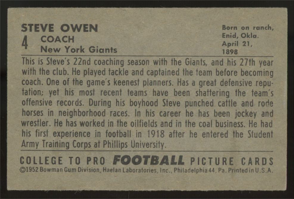 1952 Bowman Small Steve Owen RC #4 EX