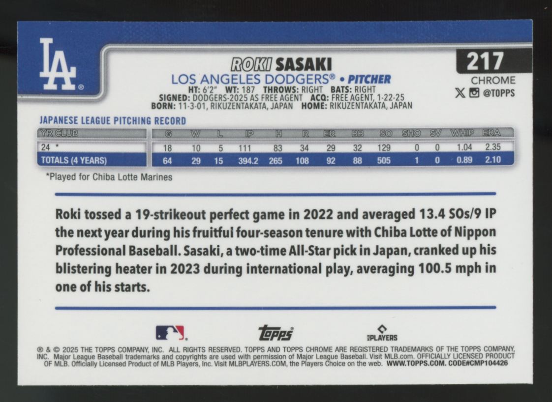 2025 Topps Chrome Logofractor Roki Sasaki RC Aqua Refractor /199 #217