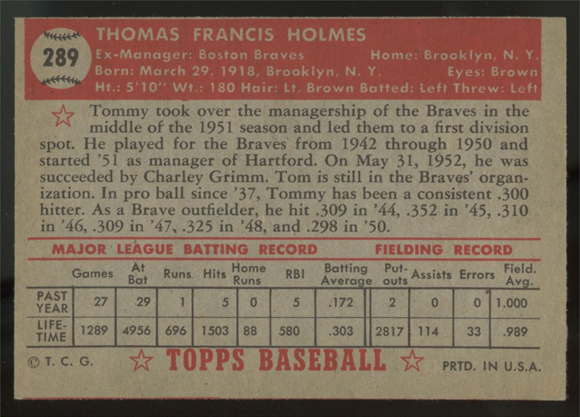 1952 Topps Tommy Holmes #289 EX/MT