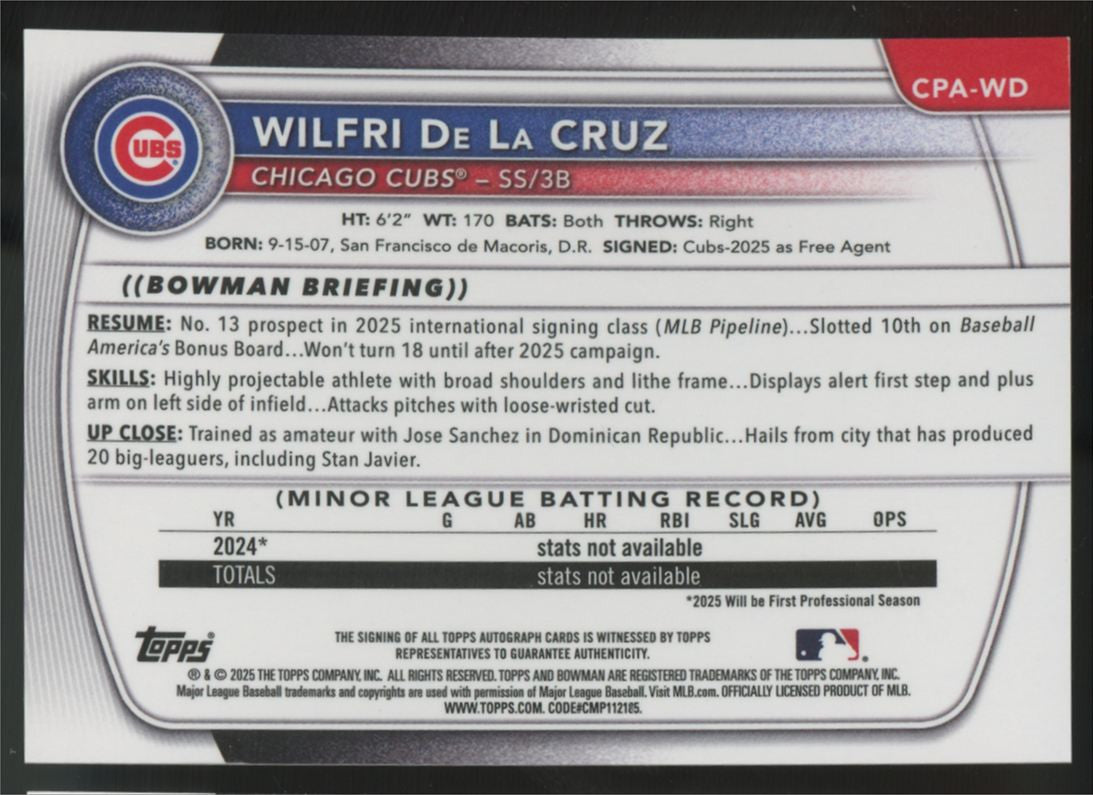 2025 Bowman Chrome Wilfri De La Cruz 1st Auto #CPA-WD