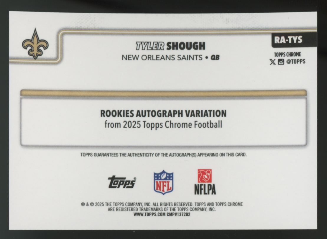 2025 Topps Chrome Tyler Shough RC Orange Wave Auto /25 #RA-TYS