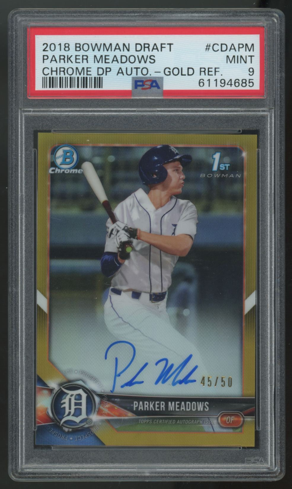 2018 Bowman Draft Parker Meadows 1st Chrome Gold Auto /50 #CDA-PM PSA 9