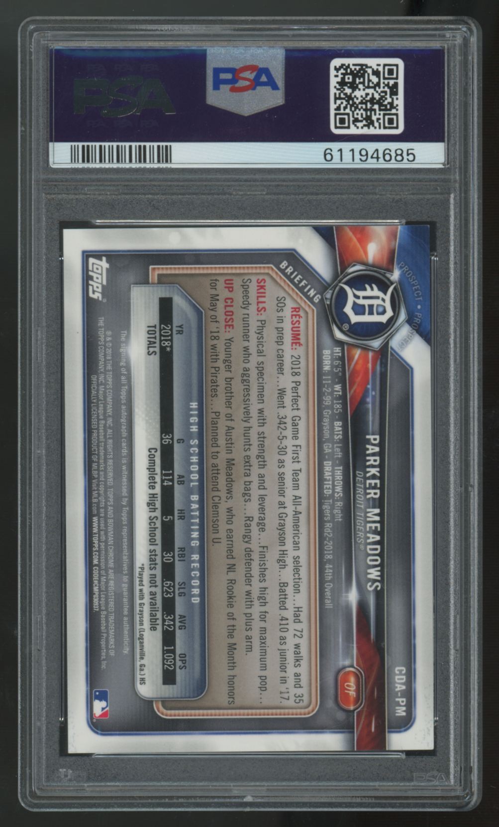 2018 Bowman Draft Parker Meadows 1st Chrome Gold Auto /50 #CDA-PM PSA 9