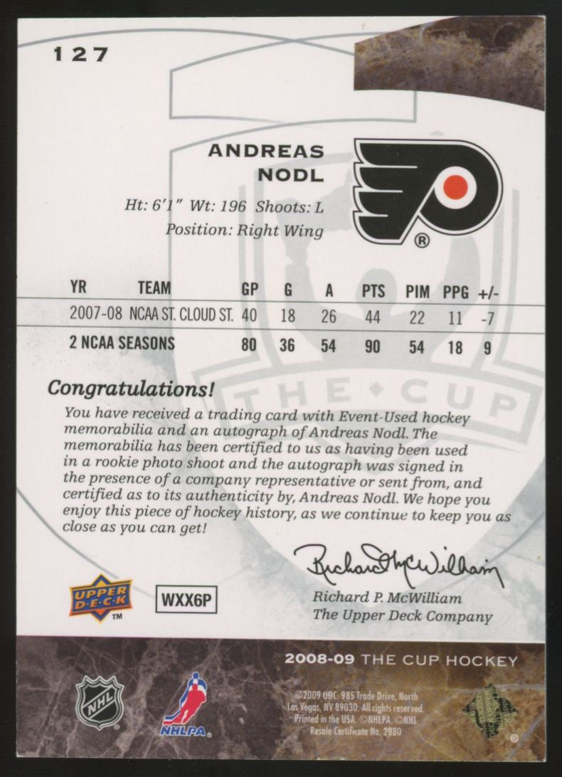2008-09 Upper Deck The Cup Andreas Nodl RC Patch Auto RPA /249 #127