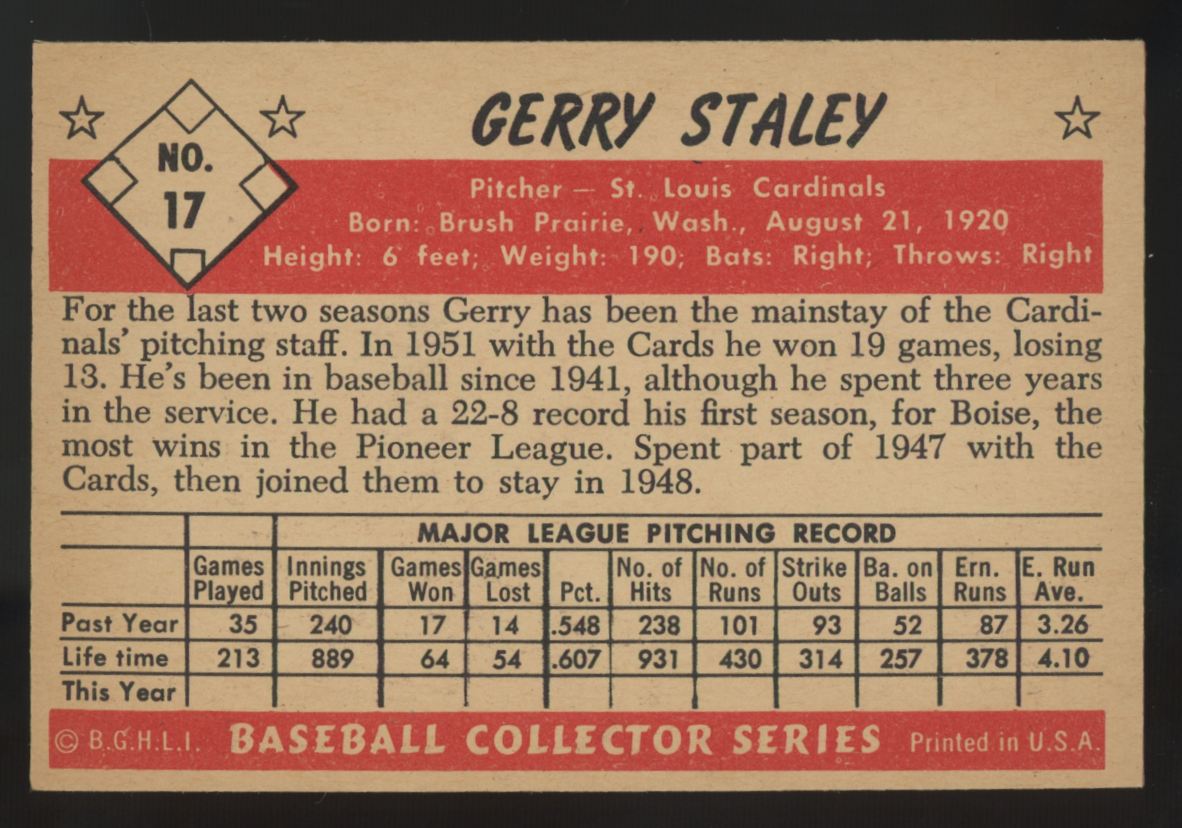 1953 Bowman Color Gerry Staley #17 VG/EX
