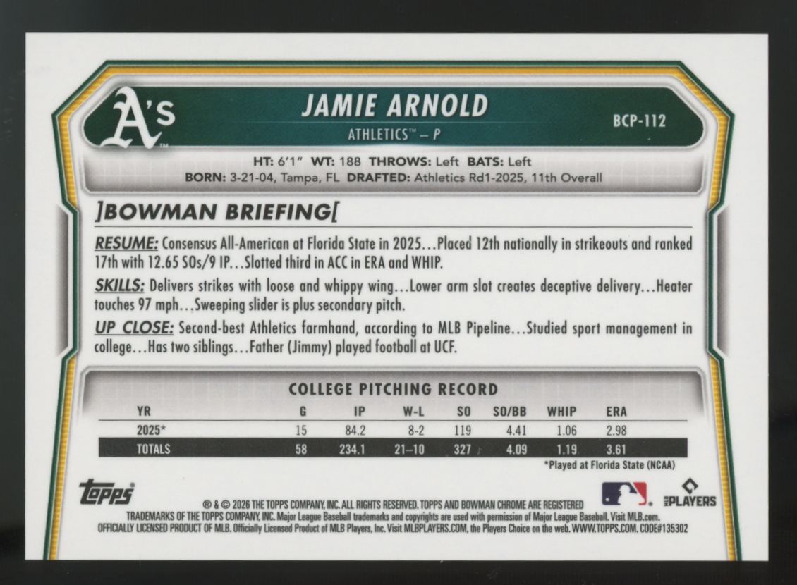 2026 Bowman Chrome Jamie Arnold Prospect Orange Geometric /25 #BCP-112
