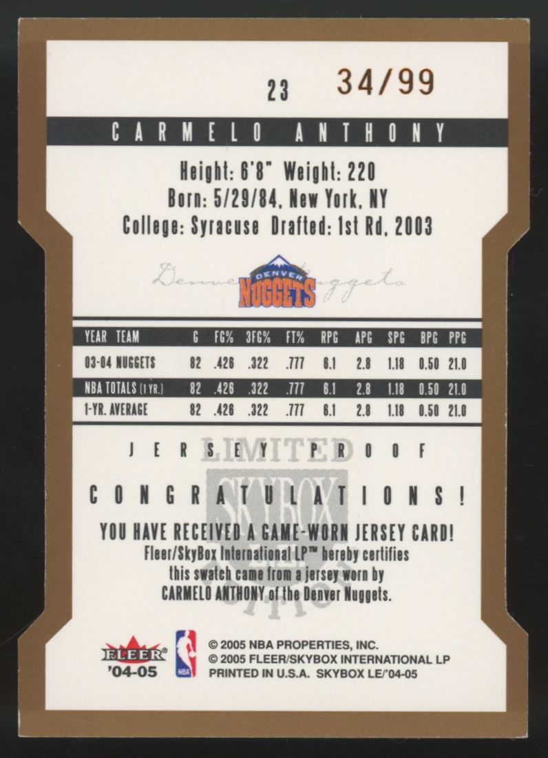 2004-05 SkyBox Limited Edition Carmelo Anthony Patch Bronze /99 #23