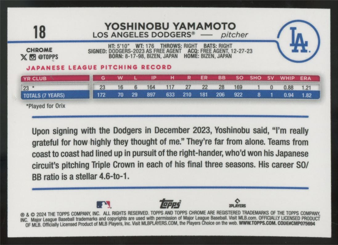 2024 Topps Chrome Yoshinobu Yamamoto RC Prism Refractor #18