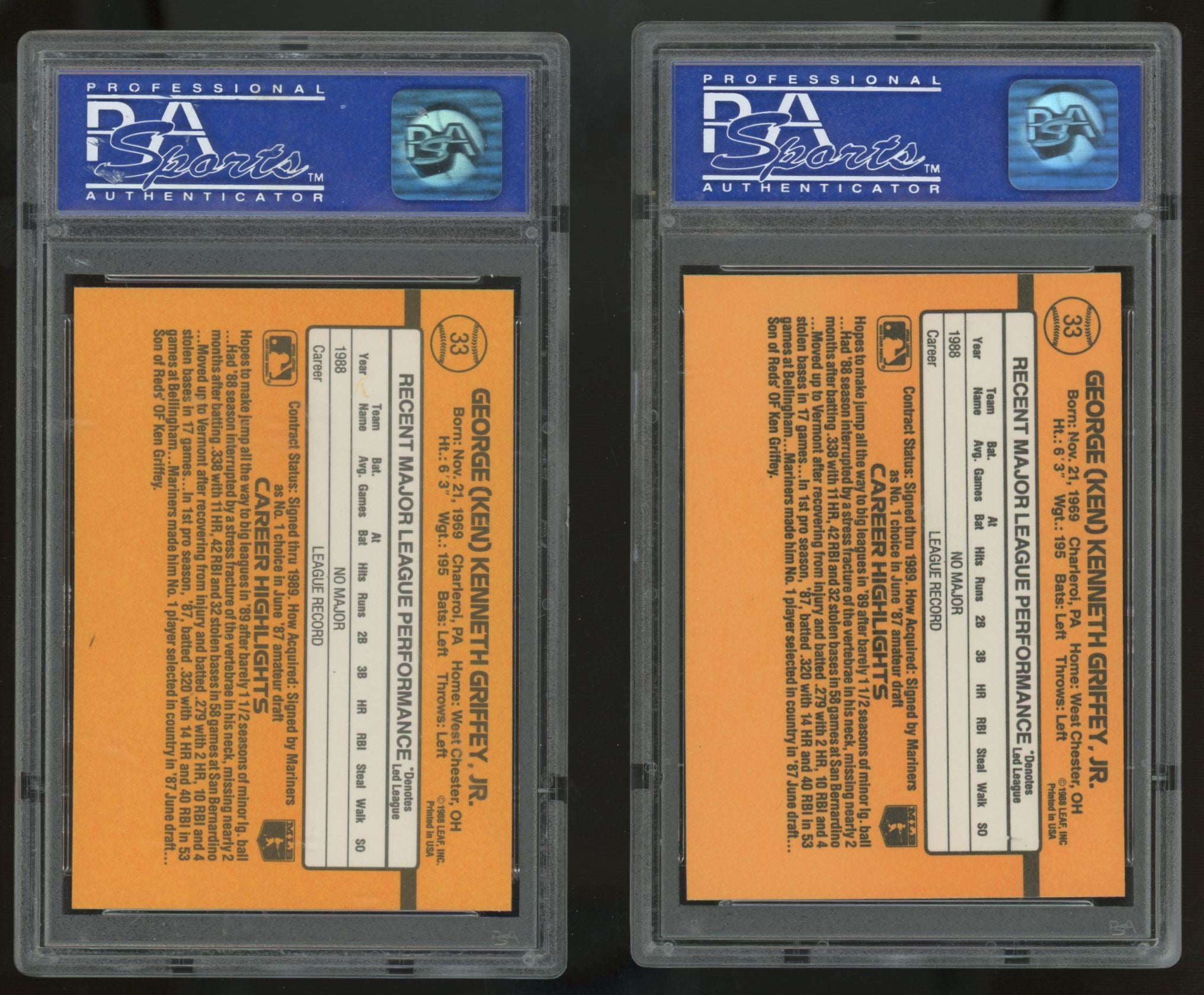 1989 Donruss Ken Griffey Jr. RC Rated Rookie #33 PSA 8 Lot of 10 "B"